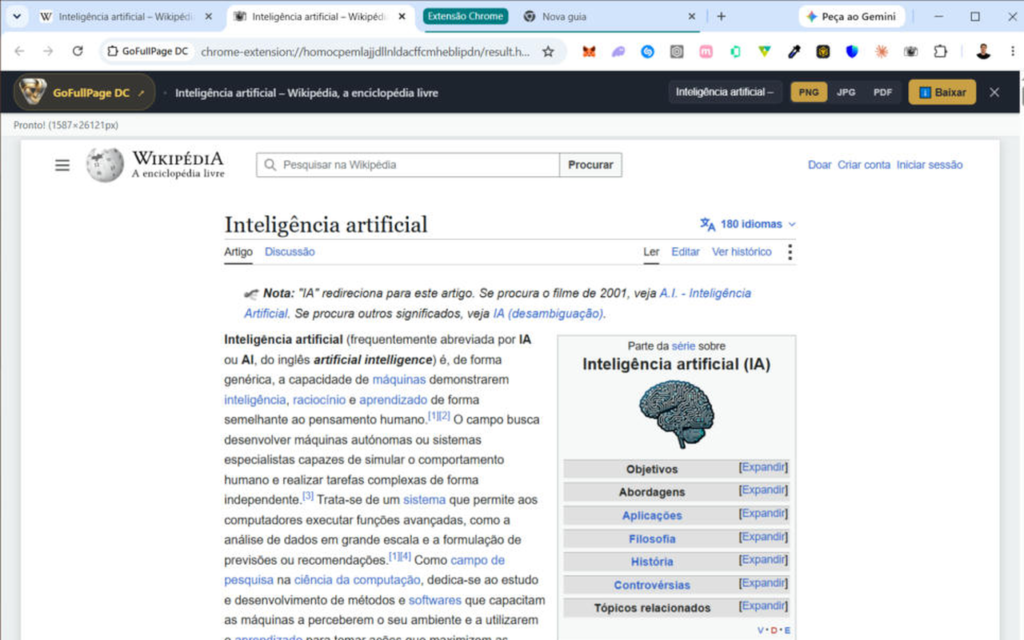 Tela de resultado do GoFullPage DC mostrando as opções de exportação em PNG, JPG e PDF