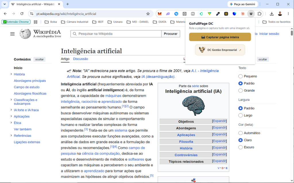 Popup da extensão GoFullPage DC com o botão Capturar página inteira